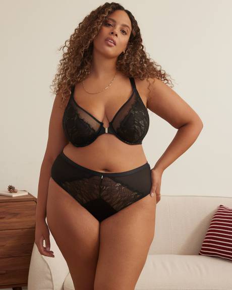 Black Satin Front-Closure Plunge Bra with Gold Lace - Déesse Collection