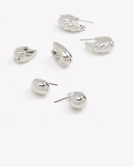 Mini boucles d'oreilles anneaux épaisses argentées, ens. de 3
