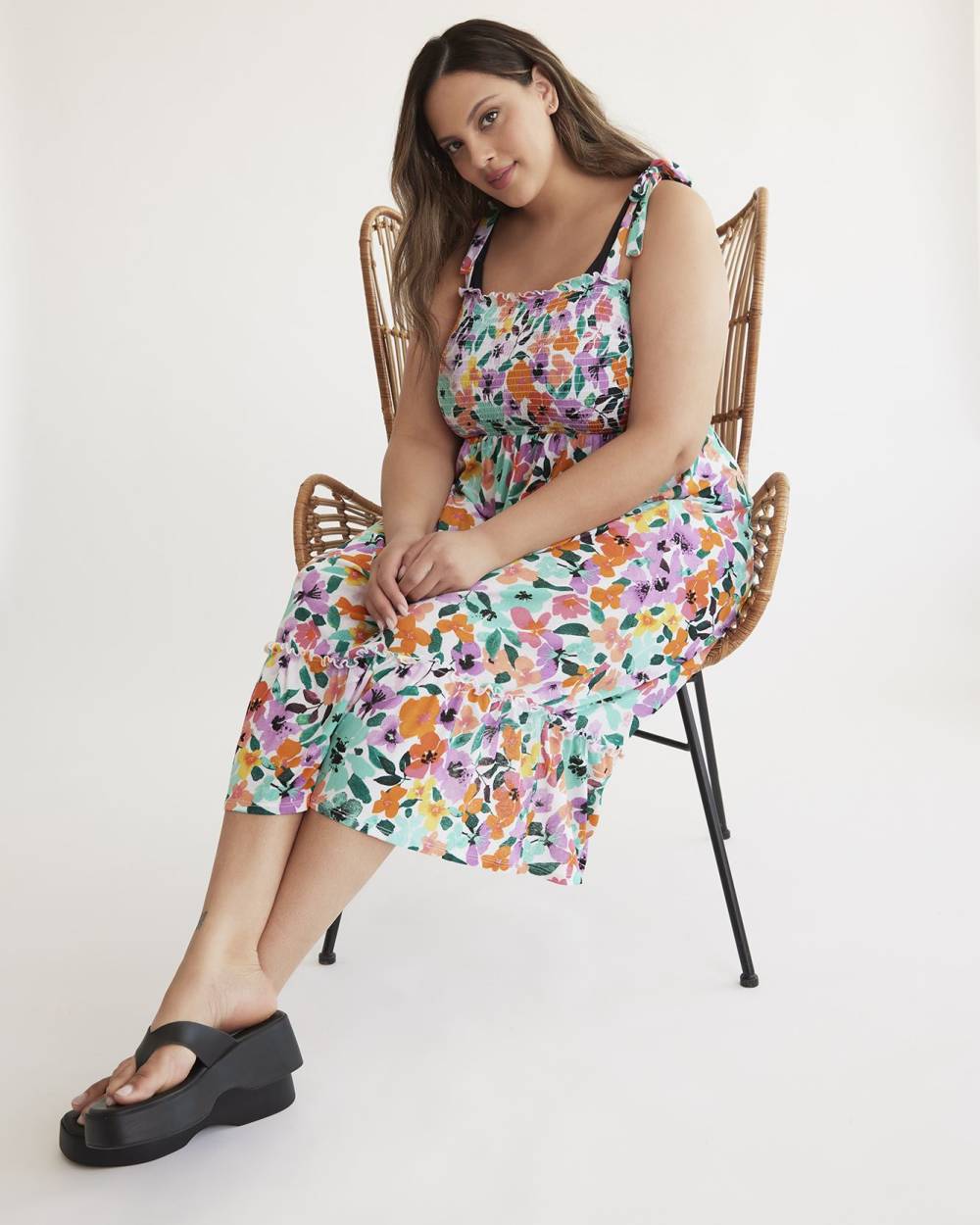 Floral Smocking Swim Cover-Up Dress with Tie Straps