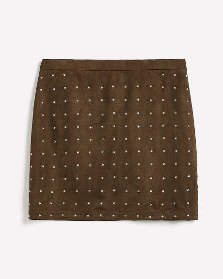 Mini jupe en faux suède marron avec pierres scintillantes