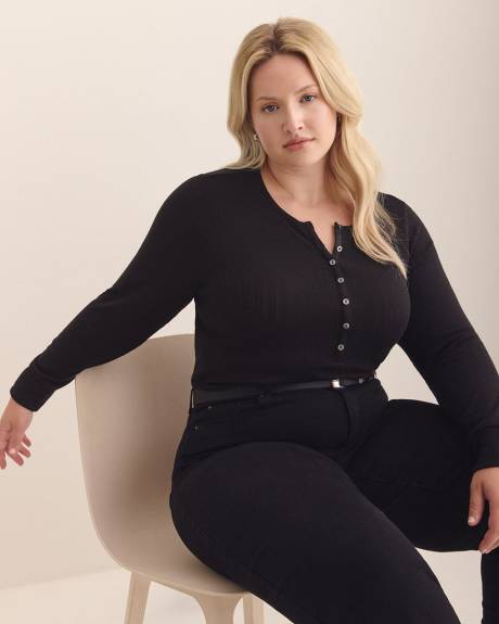Long-Sleeve Pointelle Ribbed Knit Henley Top