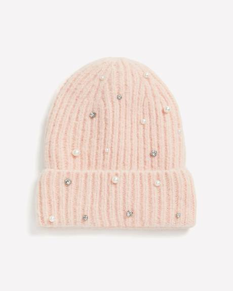 Bonnet à revers en tricot côtelé doublé en molleton avec perles décoratives