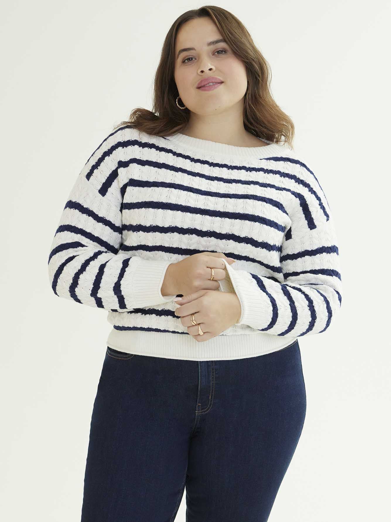 Striped Cotton Boat-Neck Sweater with Cable Pattern | Penningtons