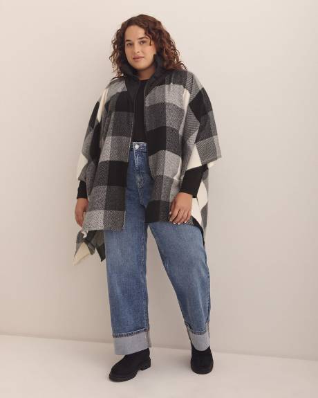 Black Plaid Puffer Neck Belted Cape