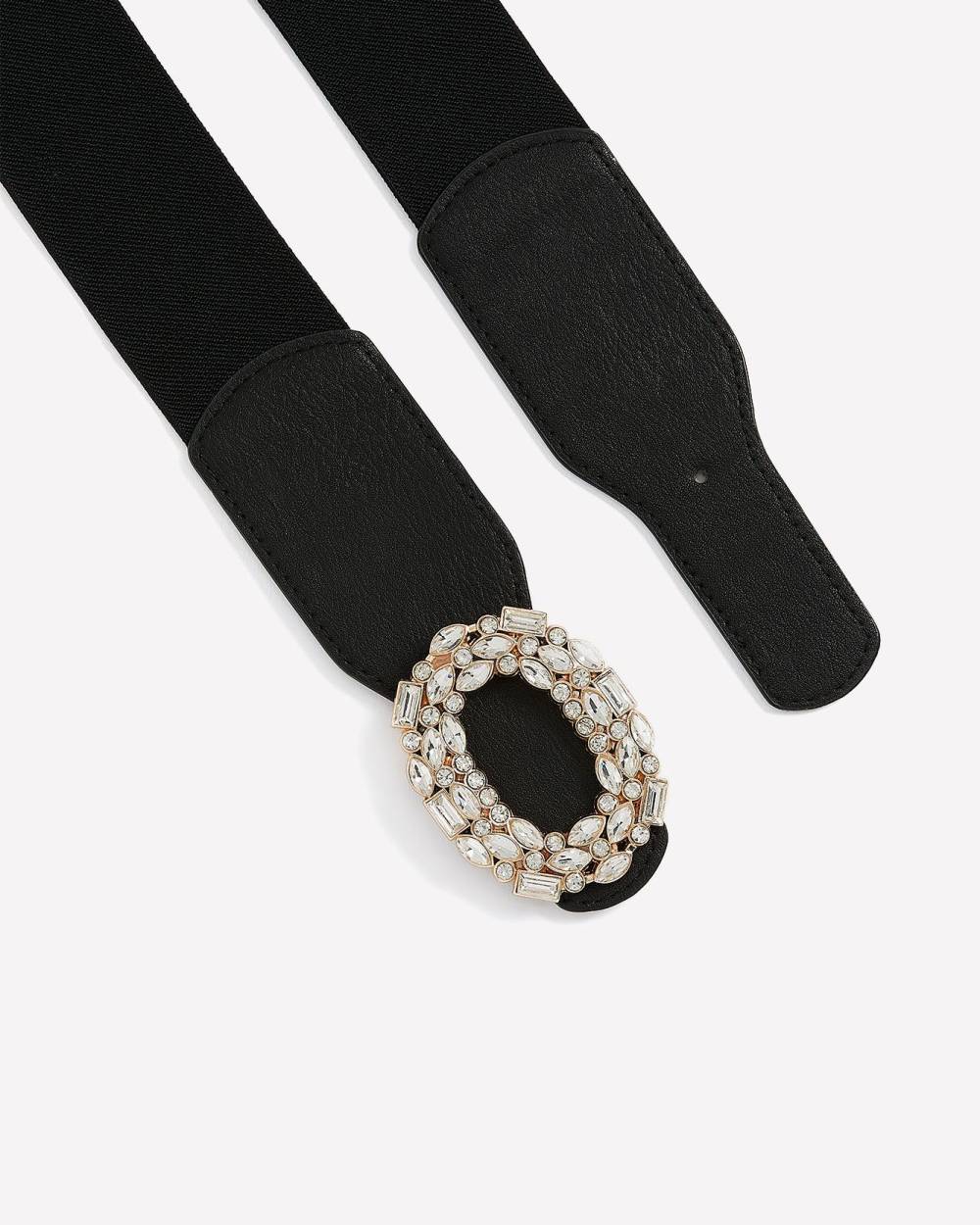 Black Elastic Belt with Rhinestone Oval Buckle