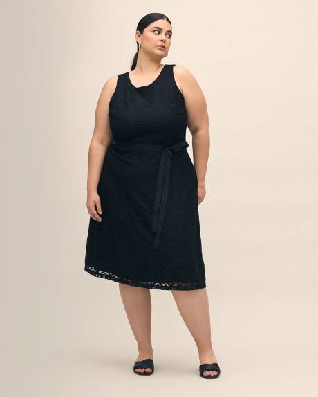 Sleeveless Knit Lace Dress with Sash Belt