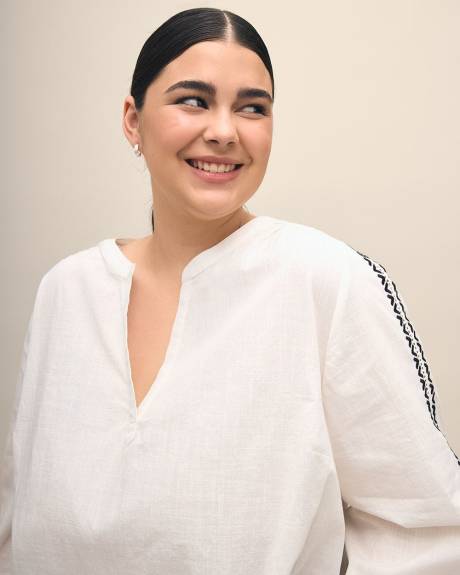 Long-Sleeve Split-Neck Blouse with Embroidery Detail