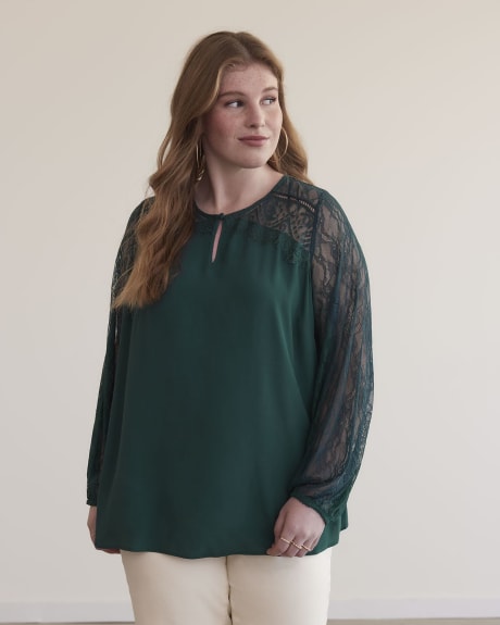 Solid Long-Sleeve Blouse with Lace