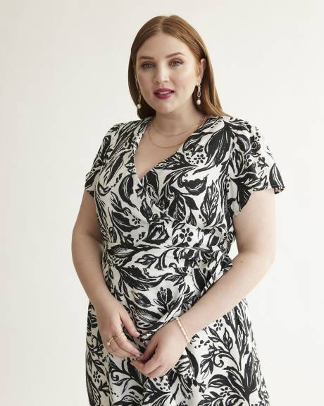 Blouse à encolure croisée, motif de feuilles, tissu responsable