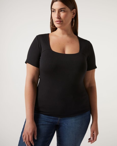 Solid Fitted Knit Top with Square Neckline - Addition Elle