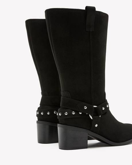 Extra Wide Width, Black Mid-Calf Boot with Studded Harness