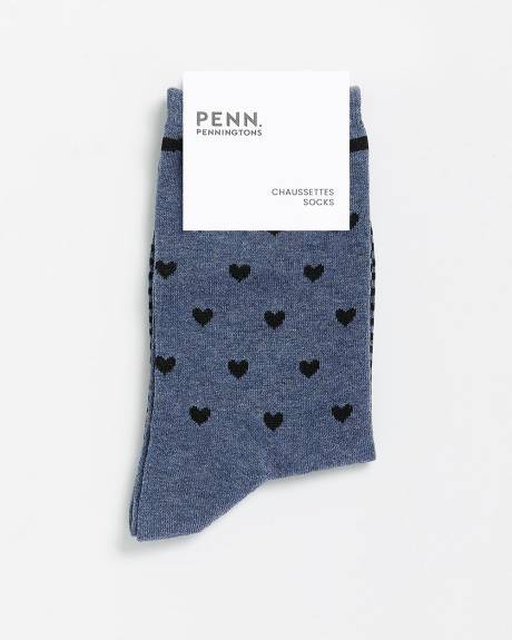 Blue Crew Socks with Stripes and Heart Print