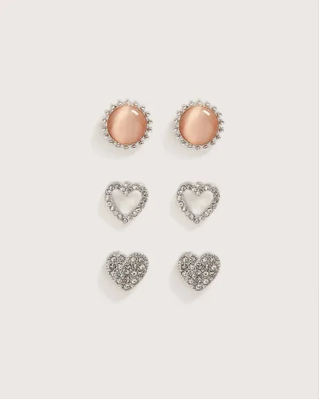 Stud Earrings With Hearts, Set of 3 - In Every Story