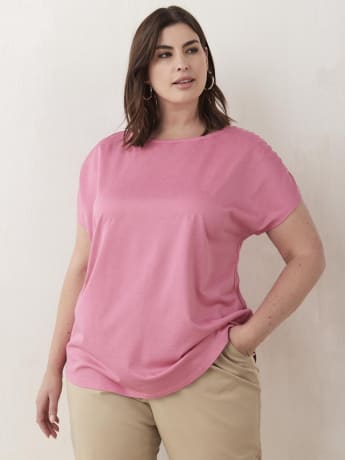 Solid Scoop-Neck Top with Curved Hem