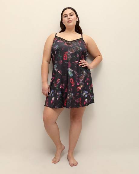 Floral Satin Nighty with Lace and Built-In Bra - Déesse Collection