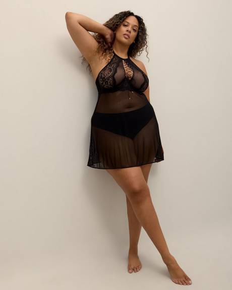 Sexy Black Halter Nightgown with Laced-Up Details - Déesse Collection