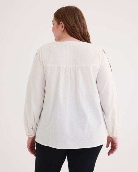 Long-Sleeve Split-Neck Blouse with Embroidery Detail