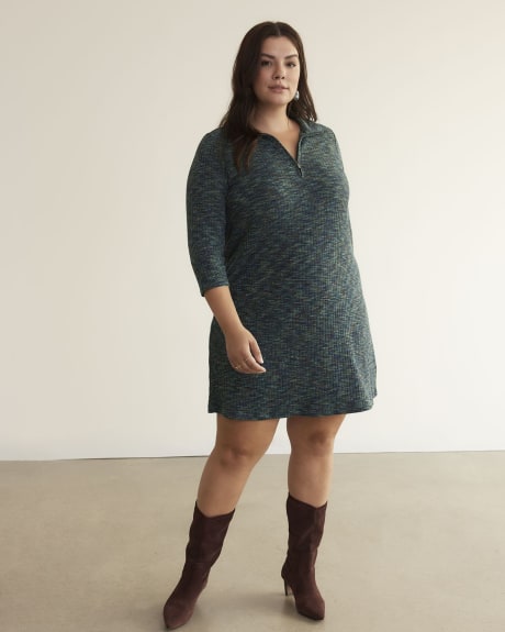 Rib Knit Zip-Neck Dress with 3/4 Sleeves