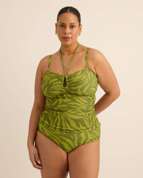 Green Foliage-Print Shirred Bandeau Tankini