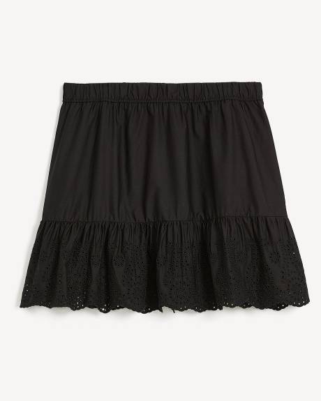 Mini-jupe noire en coton à enfiler avec volant brodé