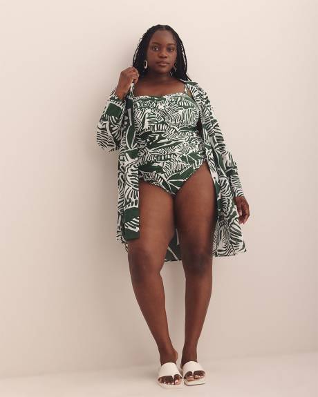Foliage-Print Cotton Swim Cover-Up Tunic Shirt