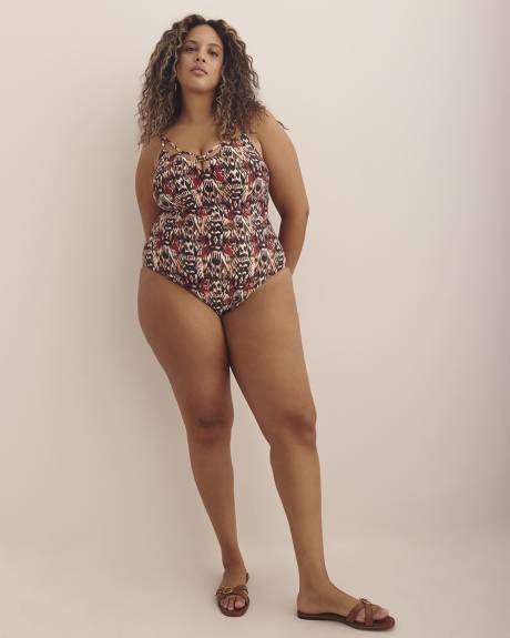 Printed One-Piece Bathing Suit with Strapping Front Detail