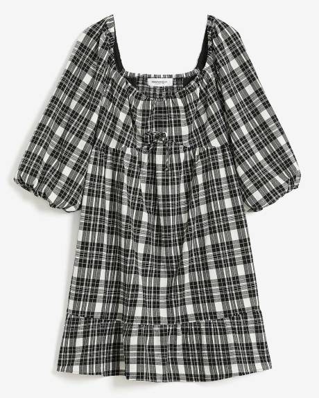 Plaid Tiered Dress with Balloon Sleeves - Addition Elle