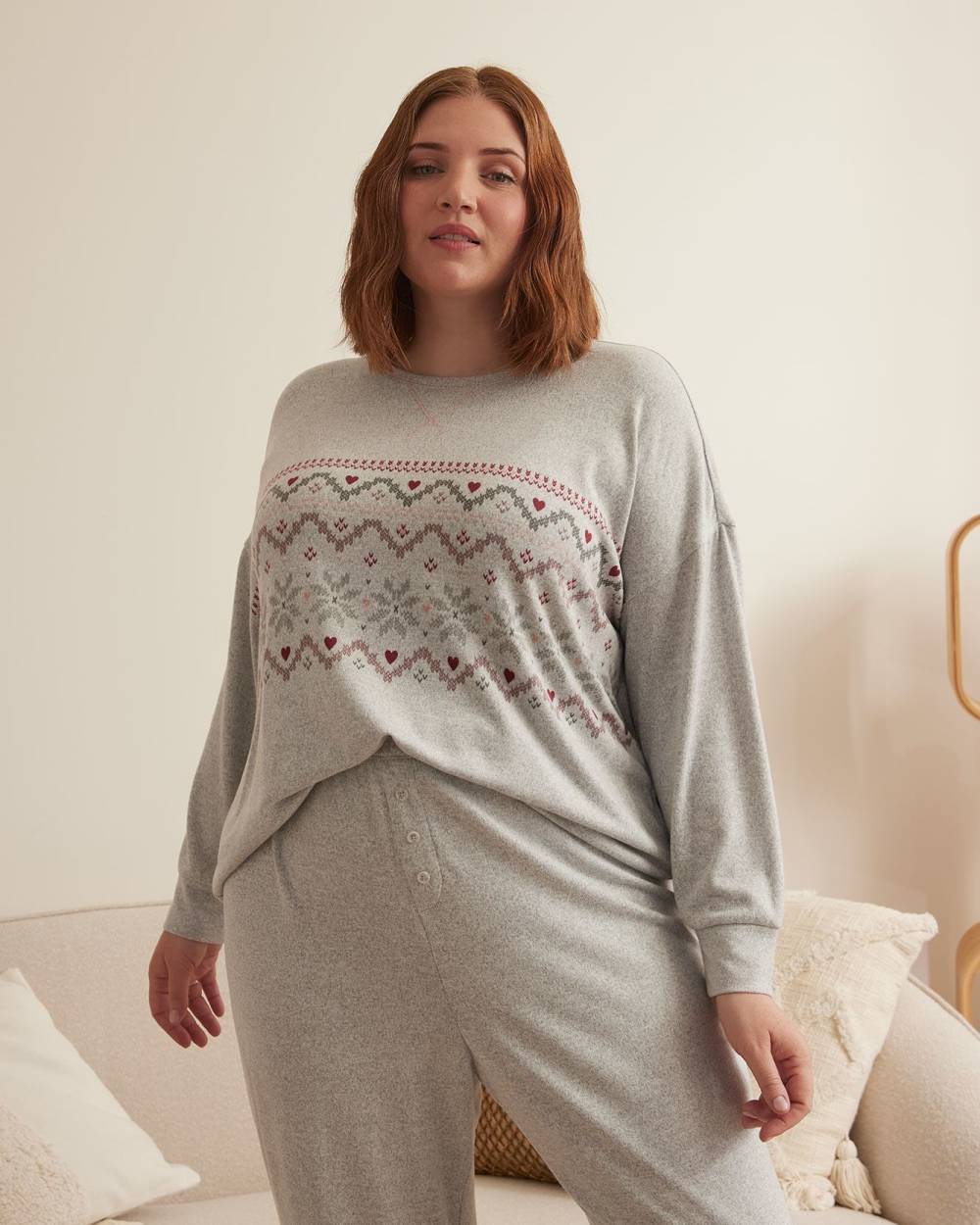Long-Sleeve Knit Pyjama Top with Fair Isle Front Print - ti Voglio