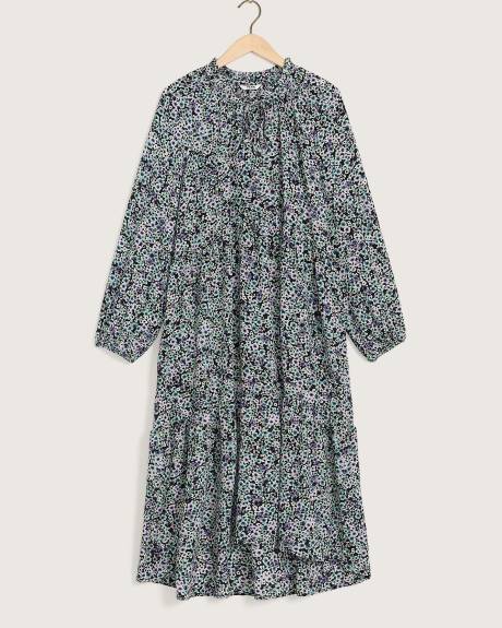 Printed Long-Sleeve Midi Tiered Dress