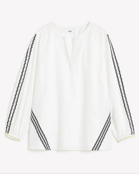 Long-Sleeve Split-Neck Blouse with Embroidery Detail