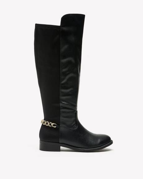 Extra Wide Width, Tall Black Boots with Golden Chain