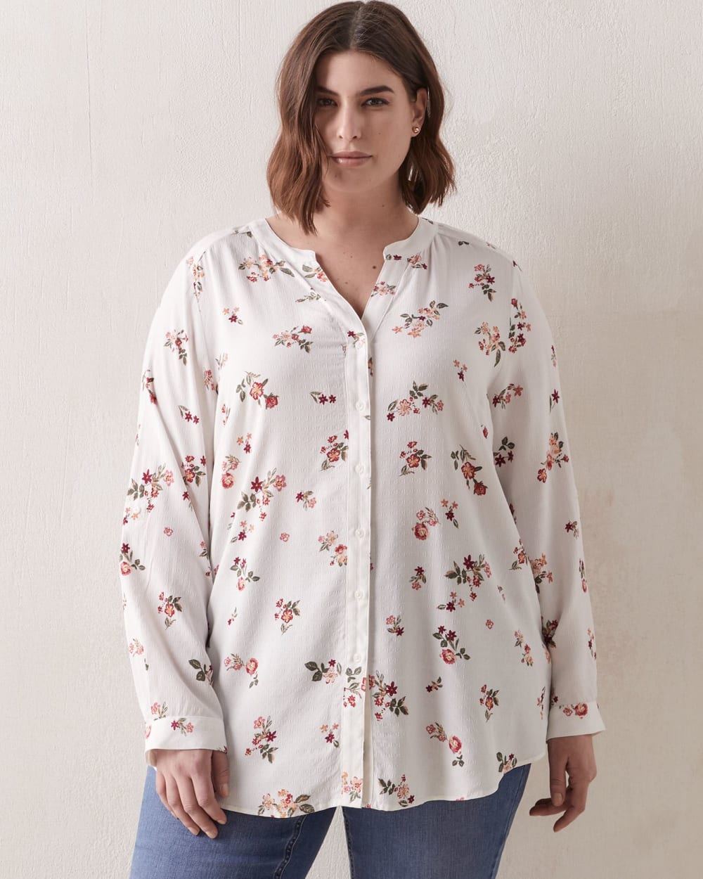 ButtonedUp Blouse With Stand Collar, Printed In Every Story