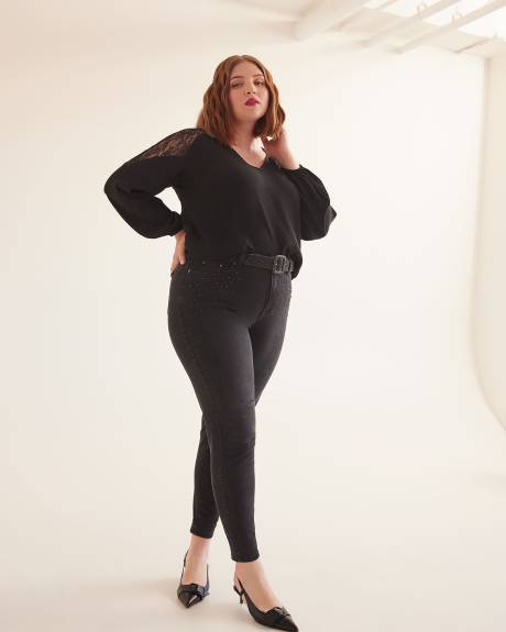 Black V-Neck Blouse with Lace Shoulder Inserts