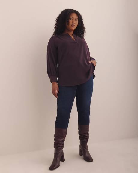 Long-Sleeve Tunic Blouse with Buttoned Crewneck