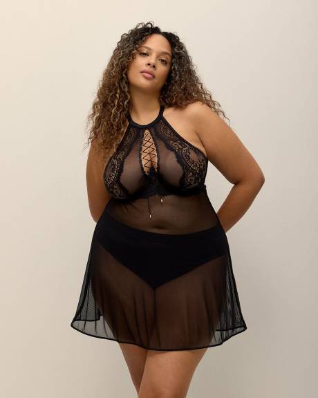 Sexy Black Halter Nightgown with Laced-Up Details - Déesse Collection