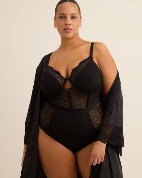 Black Sexy Satin Kimono Robe with Lace Cuffs - Déesse Collection