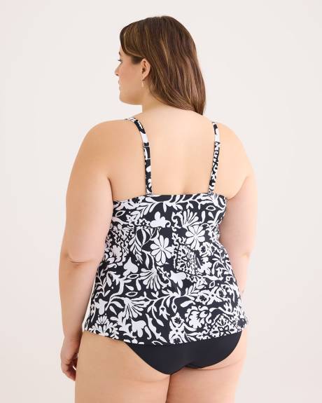 Tankini noir et blanc à motif avec encolure froncée