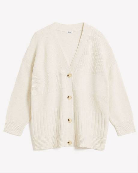 Cardigan à mailles patchwork et col en V, tissu responsable