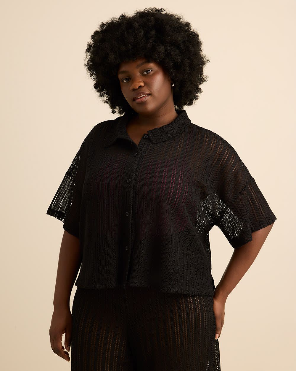 Black Crochet Buttoned-Down Top