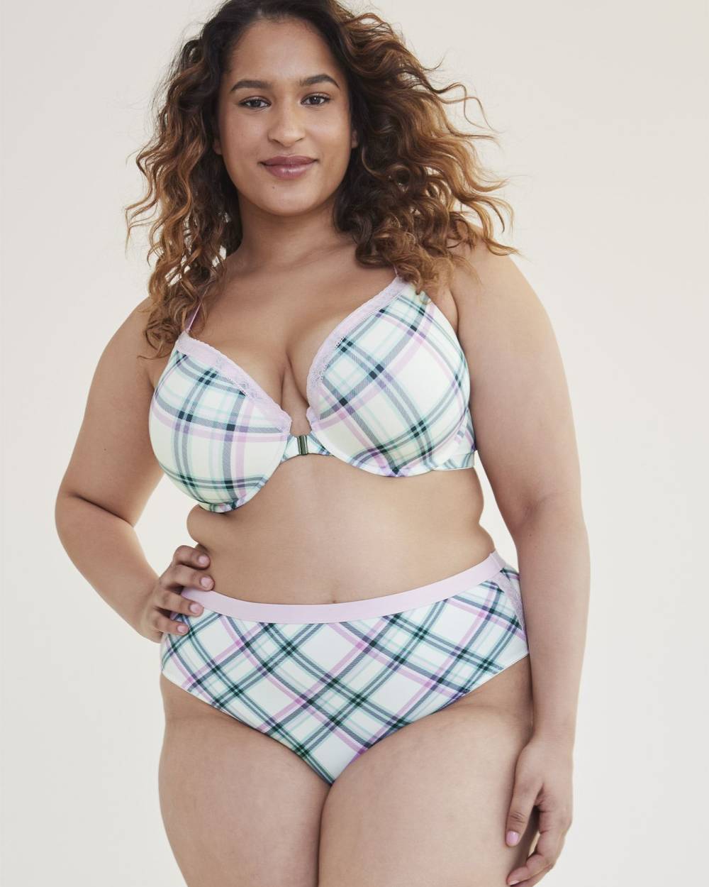 Front Closure Plunge Bra, Plaid Print and Lace Trims - Déesse Collection