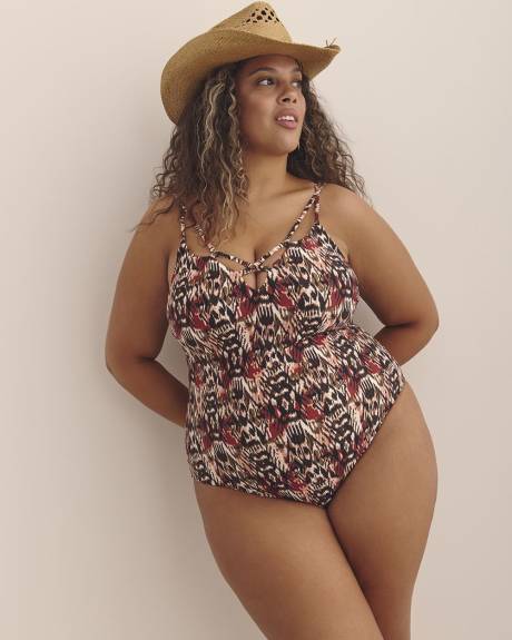 Printed One-Piece Bathing Suit with Strapping Front Detail