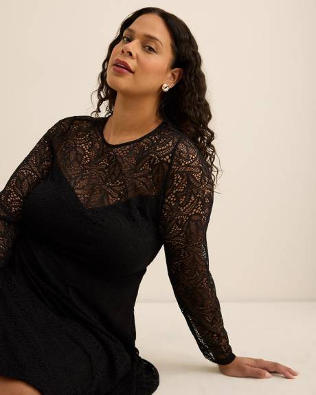 Fit and Flare Long-Sleeve Knit Lace Dress