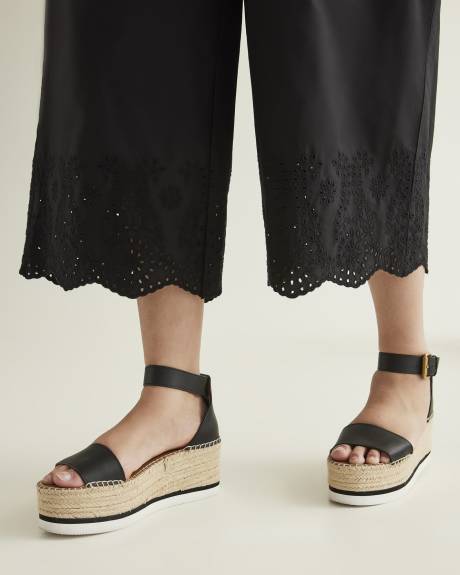 Black Wide-Leg Crop Pant with Embroidered Hem