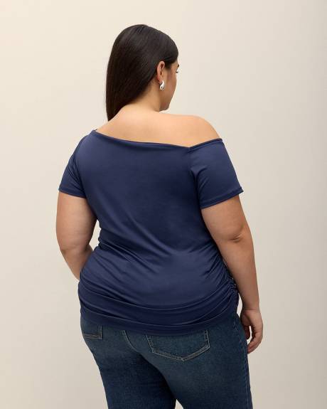 Short-Sleeve Knit Top with Shirring Asymmetrical Neckline