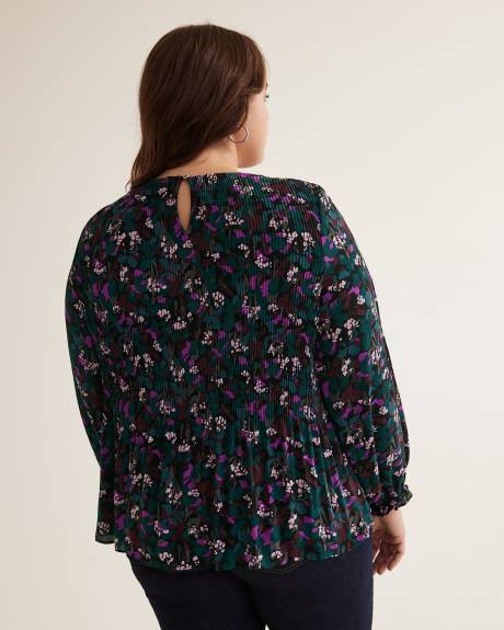 Blouse plissée noire fleurie, coupe trapèze, tissu responsable