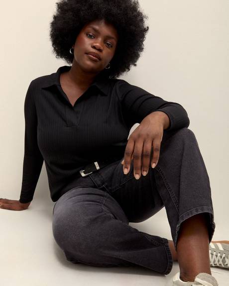 Ribbed Long-Sleeve Polo Knit Top - Addition Elle