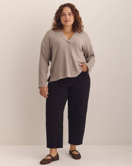 Ribbed Knit Polo Sweatshirt