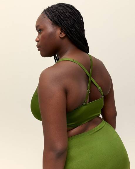 Green Satin Plunge Bikini Top with Ring