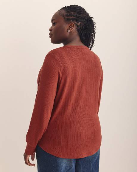 Long-Sleeve Pointelle Ribbed Knit Henley Top
