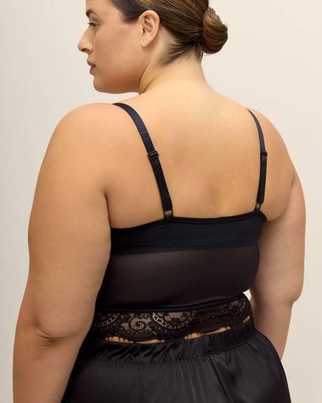 Bustier sexy noir en maille et dentelle à fermoir avant - Déesse Collection